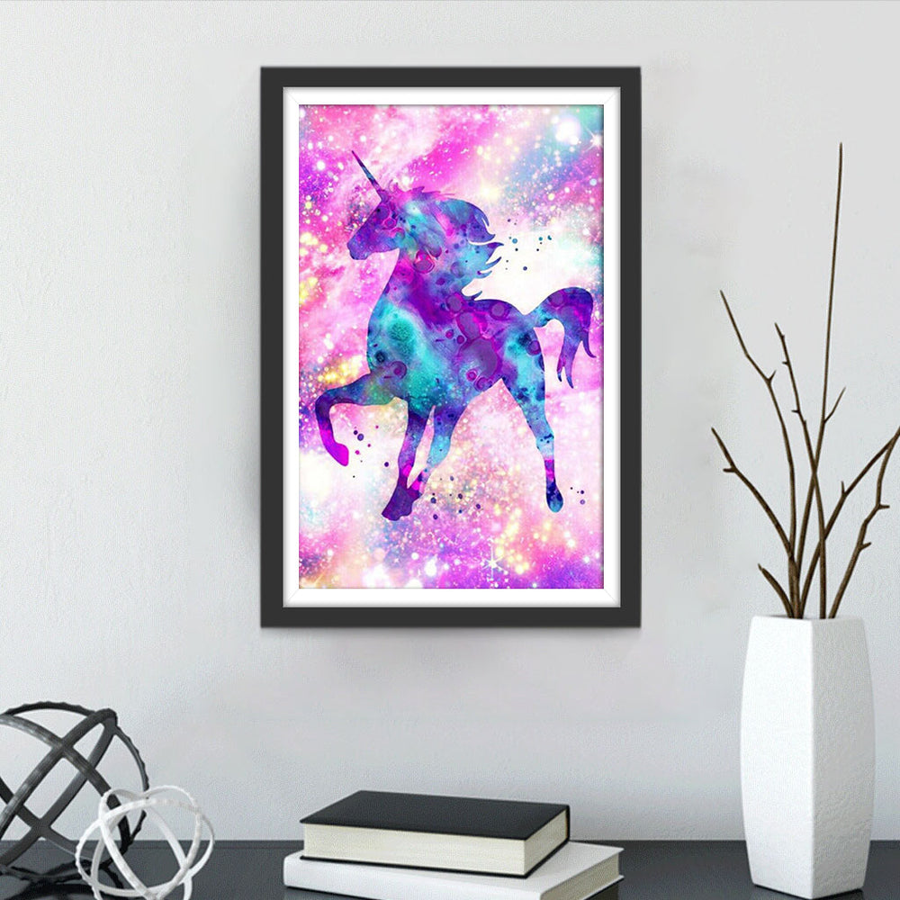 Blauwe en Paarse Eenhoorn op een Gekleurde Achtergrond Diamond Painting