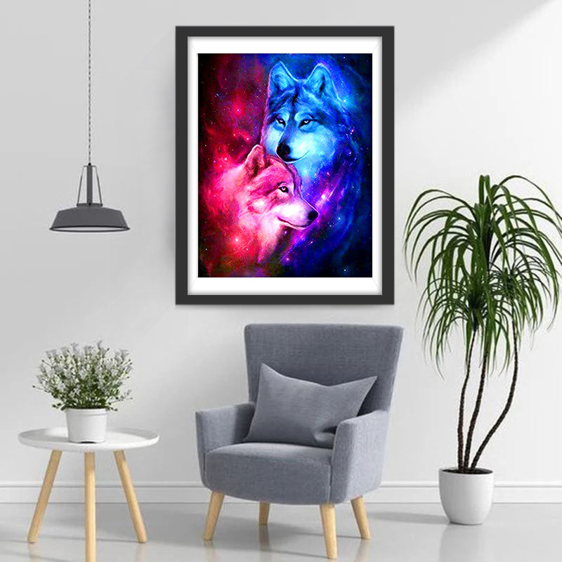 Blauwe en Rode Knuffelende Wolven Diamond Painting
