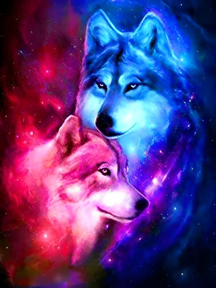 Blauwe en Rode Knuffelende Wolven Diamond Painting