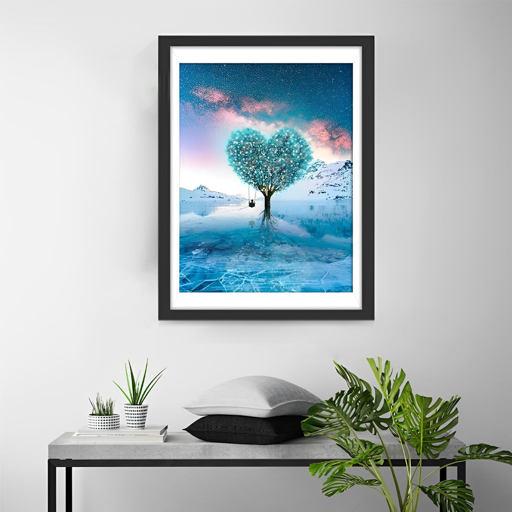 Blauwe Hartboom met Schommel Diamond Painting