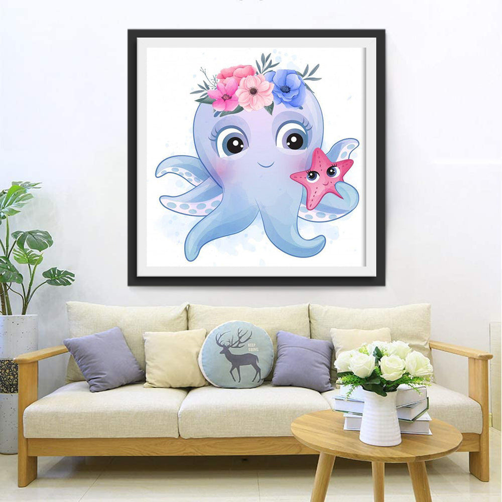 Blauwe Inktvis met Bloemenkrans en Zeester Diamond Painting