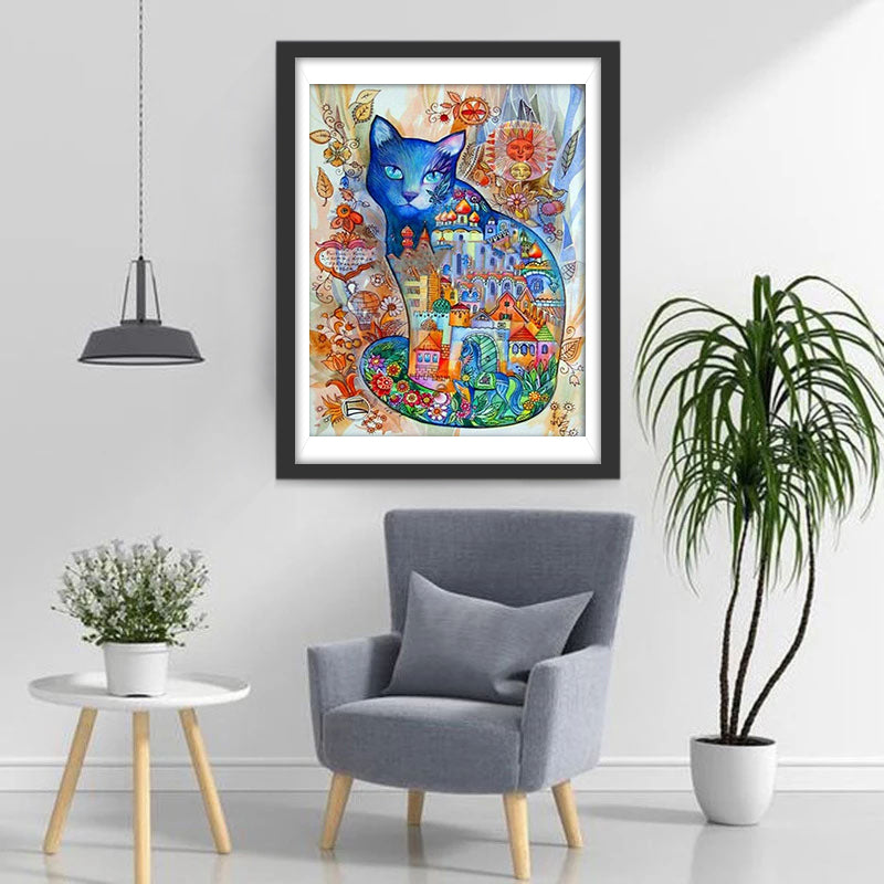 Blauwe Kat en Diverse Stadsgezichten Diamond Painting