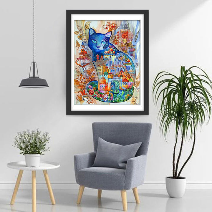 Blauwe Kat en Diverse Stadsgezichten Diamond Painting