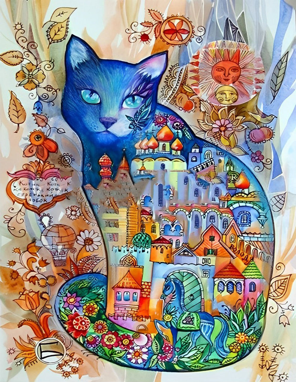 Blauwe Kat en Diverse Stadsgezichten Diamond Painting