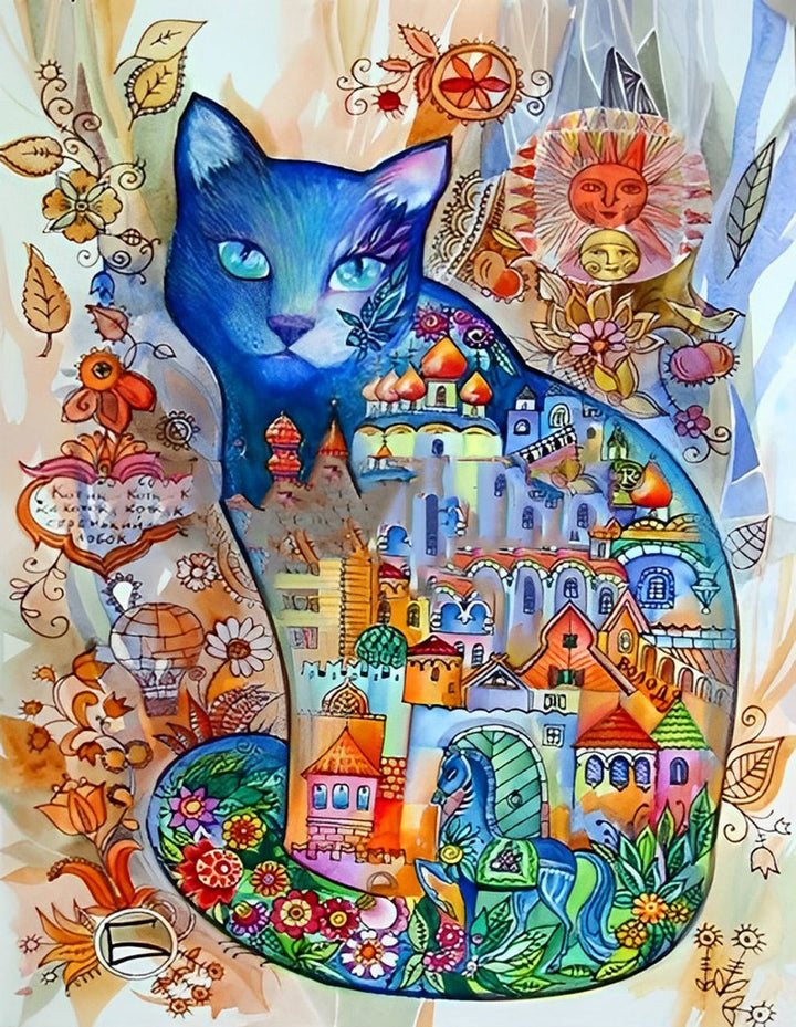 Blauwe Kat en Diverse Stadsgezichten Diamond Painting