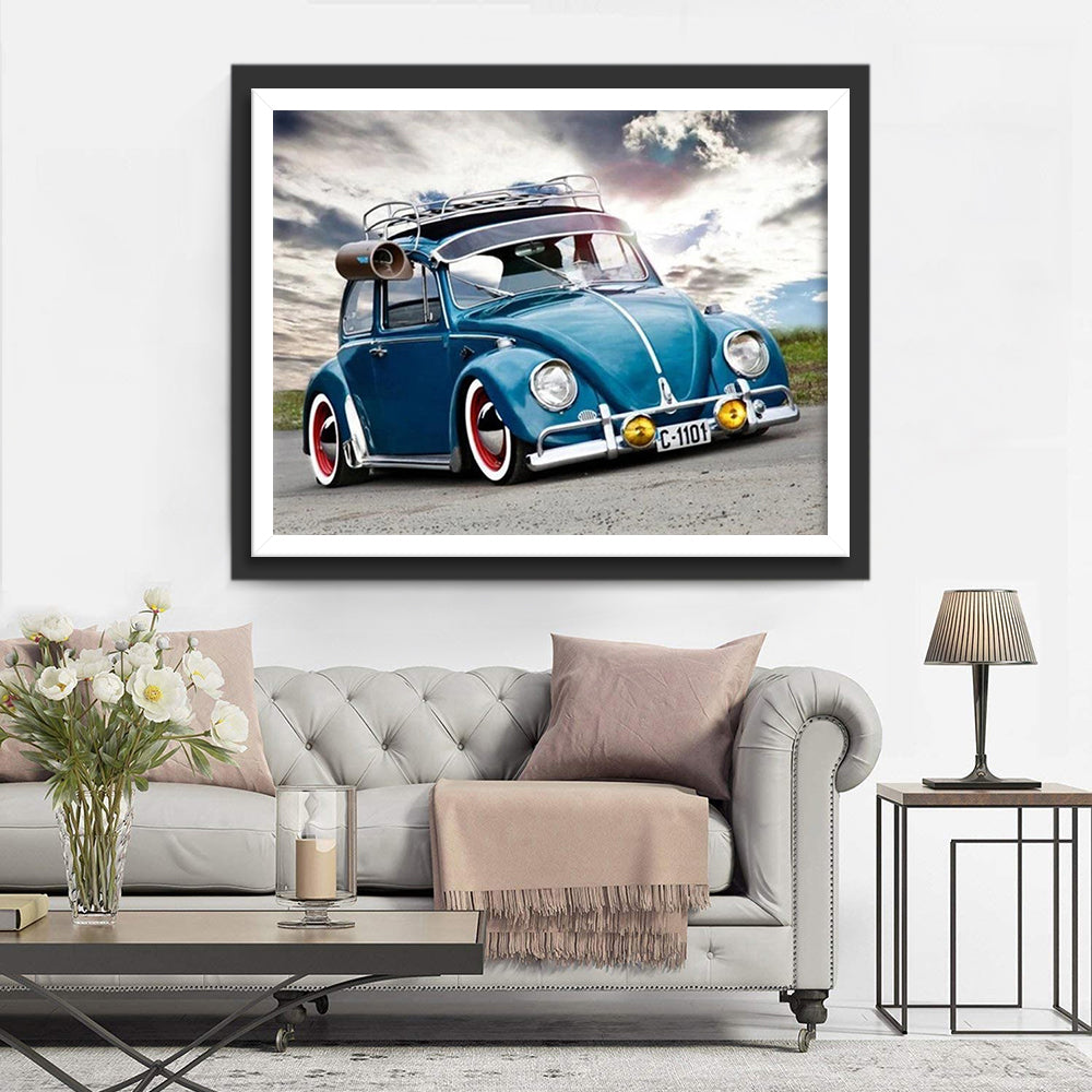Blauwe Keverauto met Opvallende Velgen Diamond Painting