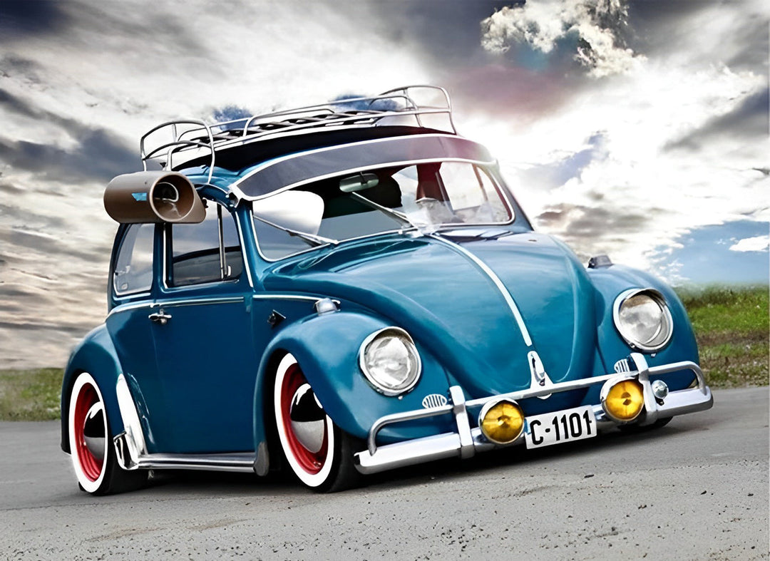 Blauwe Keverauto met Opvallende Velgen Diamond Painting