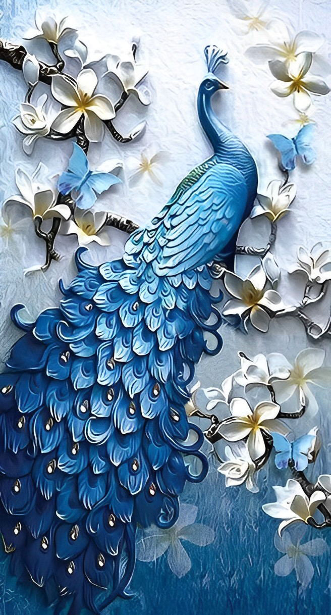 Blauwe Pauw en Witte Bloemen Diamond Painting