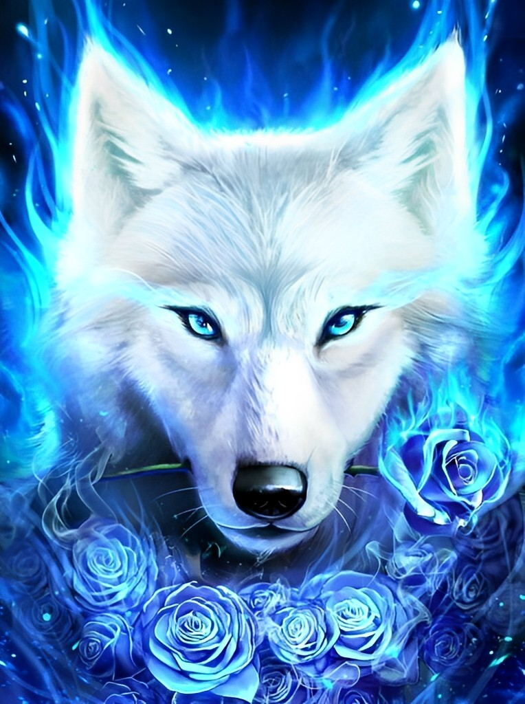 Blauwe Rozen en de Gloeiende Wolf Diamond Painting