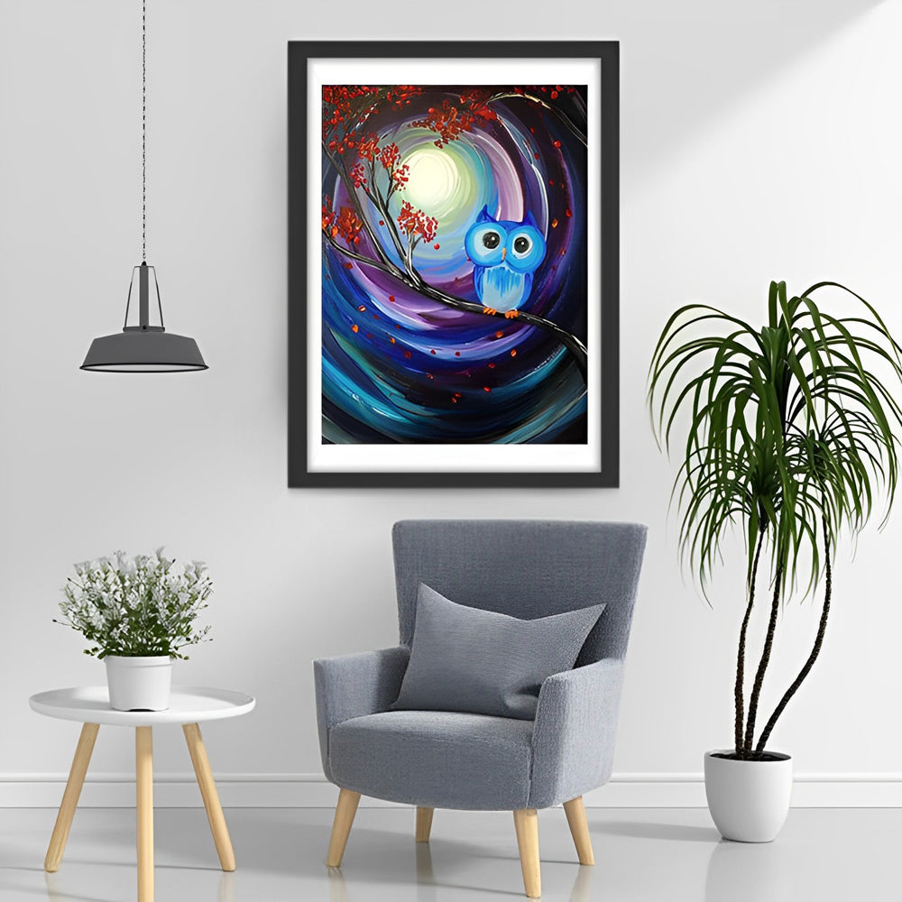 Blauwe Uil op de Tak in een Mystieke Nacht Diamond Painting