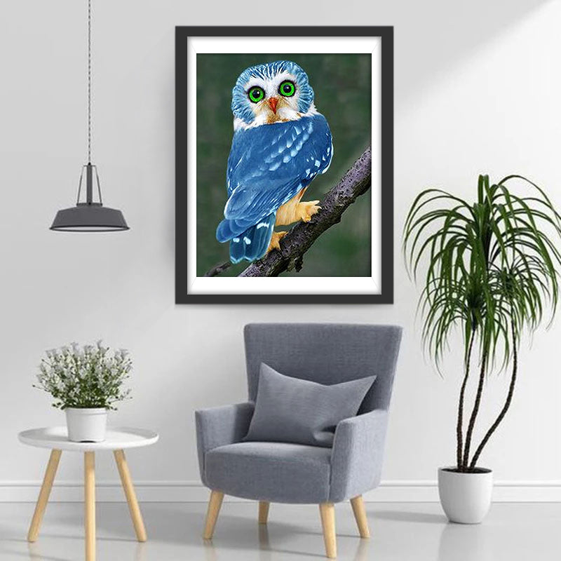 Blauwe Uil op een Tak Diamond Painting