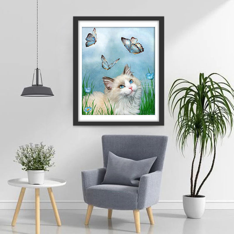 Blauwe Vlinders voor Nieuwsgierige Kat Diamond Painting