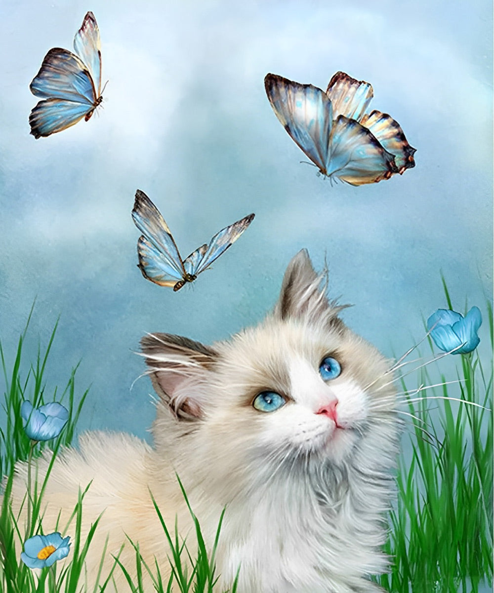 Blauwe Vlinders voor Nieuwsgierige Kat Diamond Painting