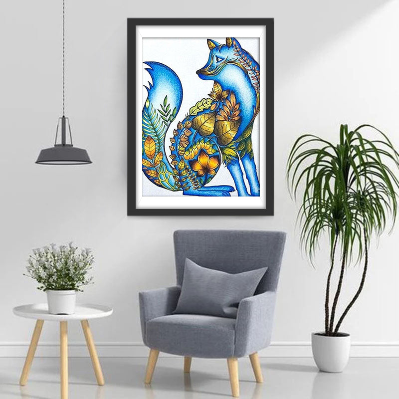 Blauwe Vos met Bladeren op zijn Lichaam Diamond Painting