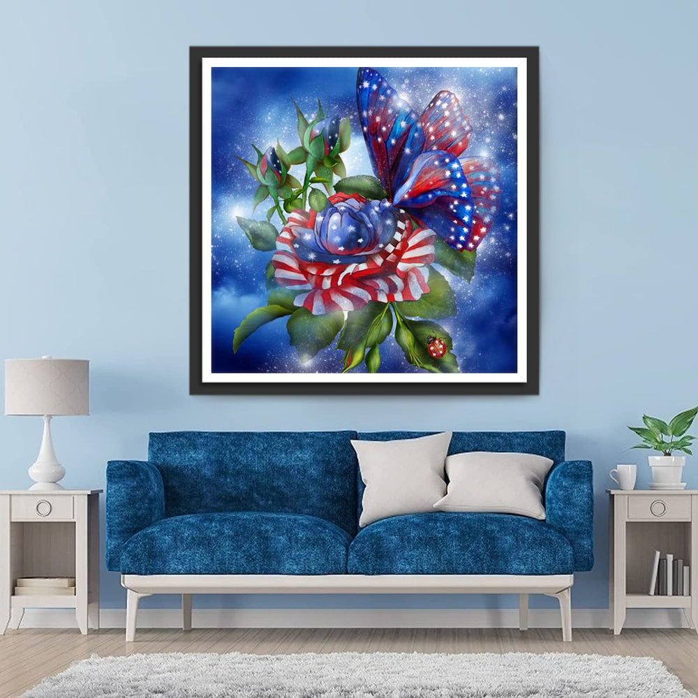 Blauwe, Witte en Rode Bloem en Vlinder Diamond Painting