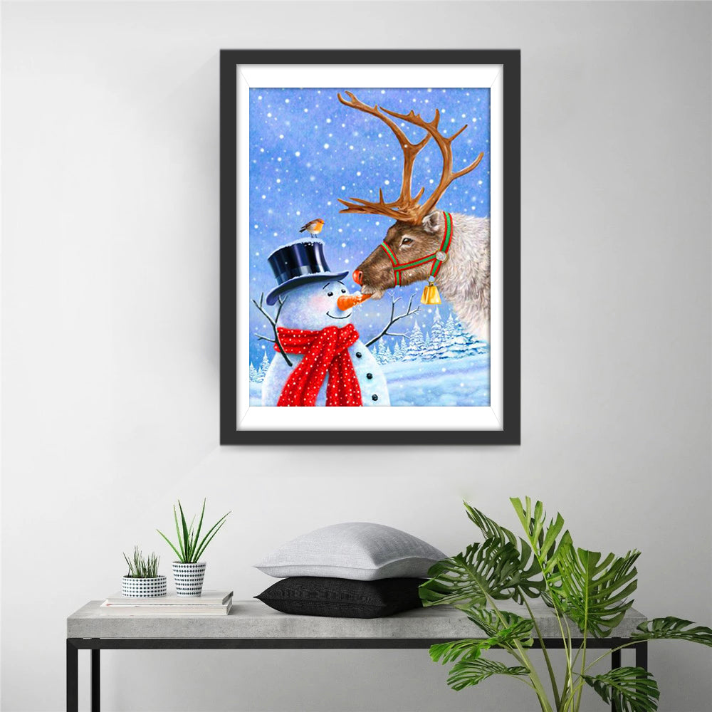 Blijde Sneeuwpop, Vogeltje, Rendier in Sneeuw Diamond Painting