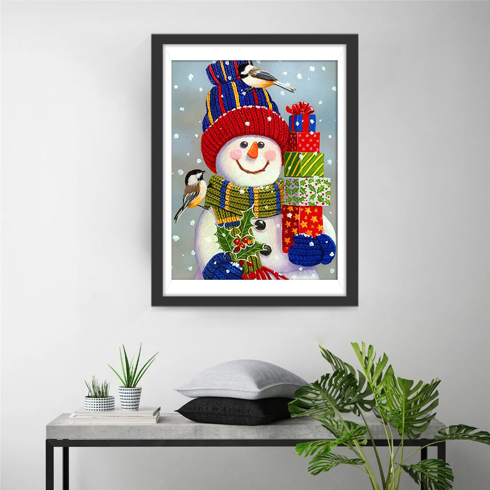 Blijmoedige Sneeuwpop met Leuke Geschenkjes en Speelse Vogeltjes Diamond Painting