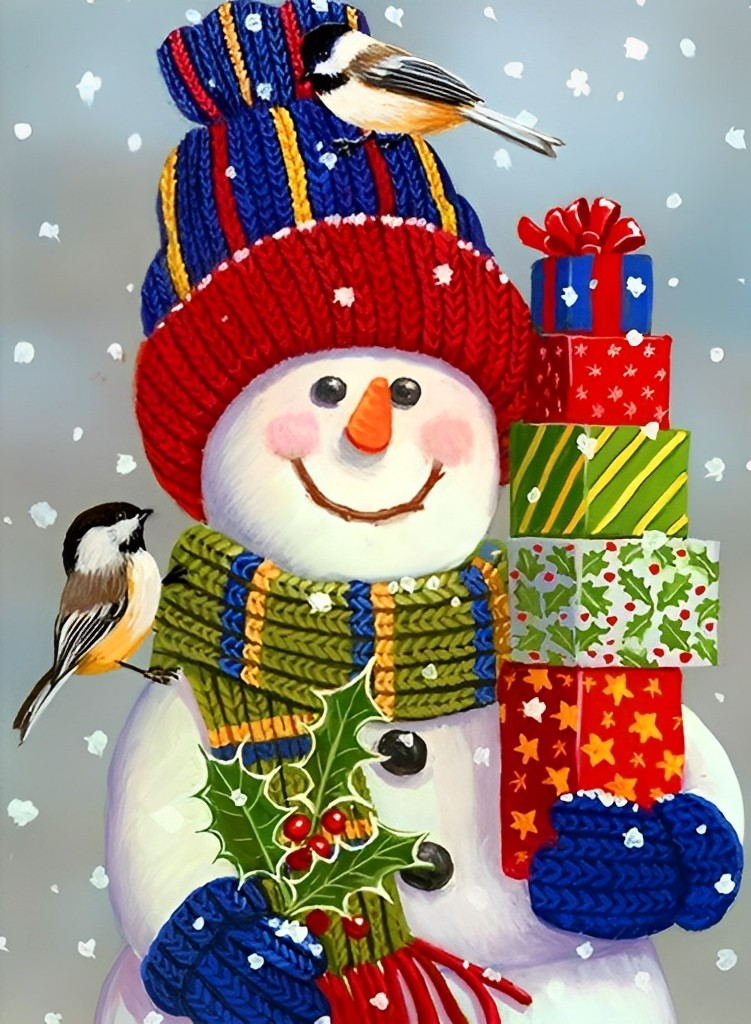 Blijmoedige Sneeuwpop met Leuke Geschenkjes en Speelse Vogeltjes Diamond Painting