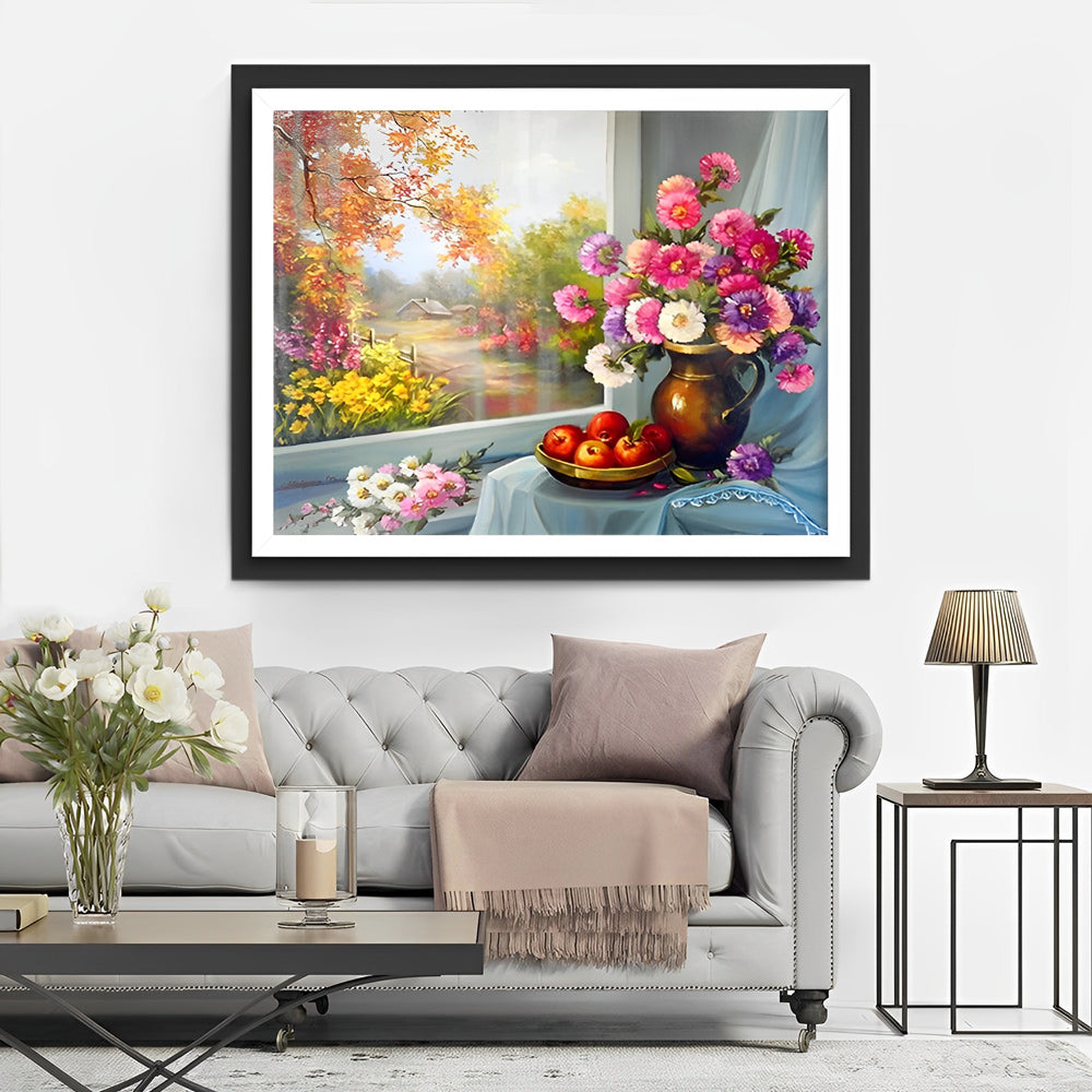 Bloemen, Appels bij Venster met Herfstkleuren Diamond Painting