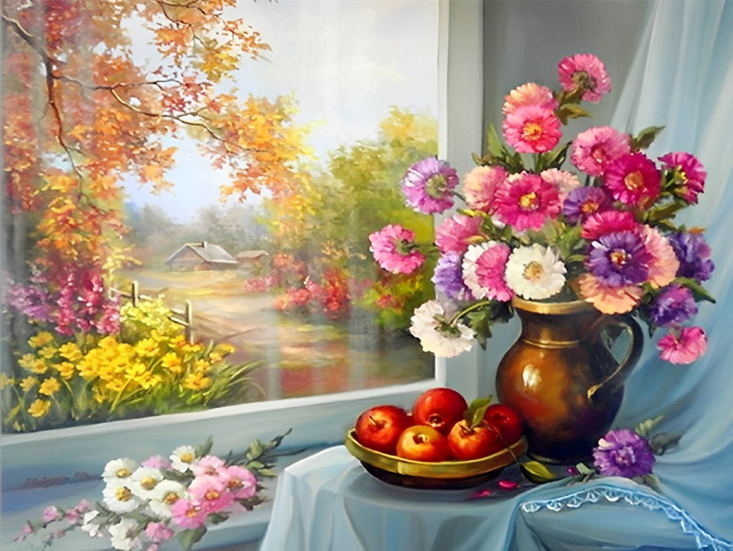 Bloemen, Appels bij Venster met Herfstkleuren Diamond Painting