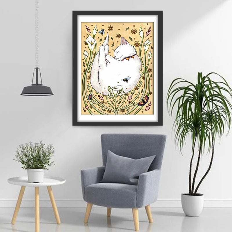 Bloemen, Bijen en Witte Kat Diamond Painting