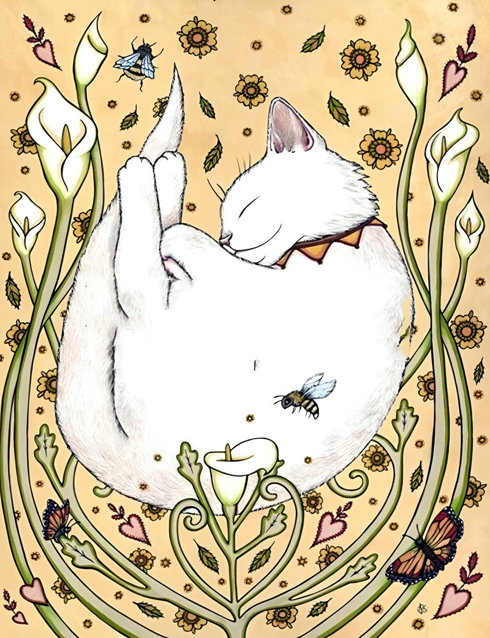 Bloemen, Bijen en Witte Kat Diamond Painting