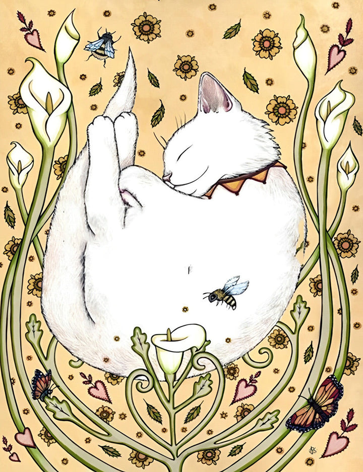 Bloemen, Bijen en Witte Kat Diamond Painting