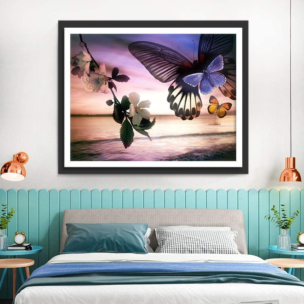Bloemen en een paar Vlinders Diamond Painting