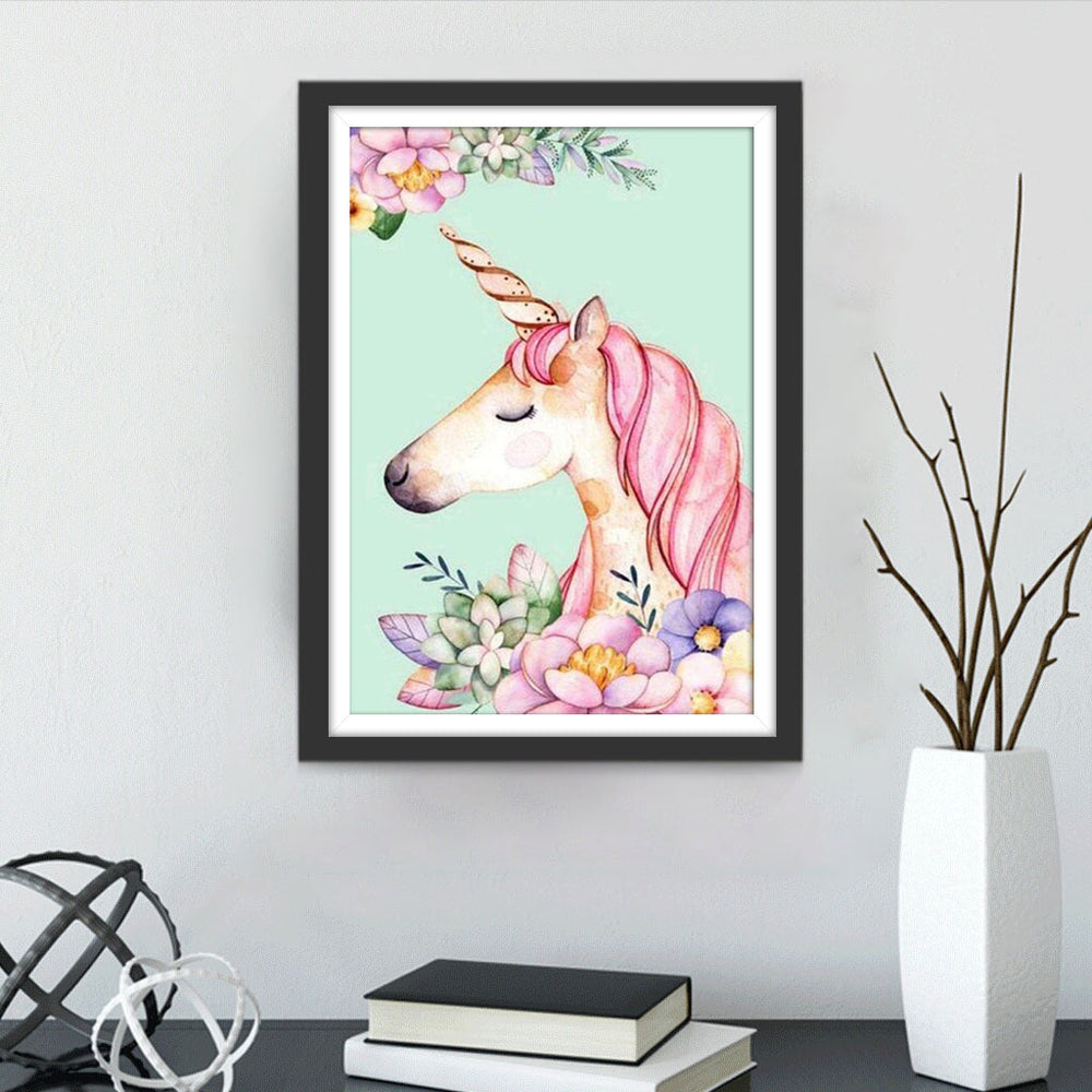 Bloemen en een Roze Eenhoorn Diamond Painting