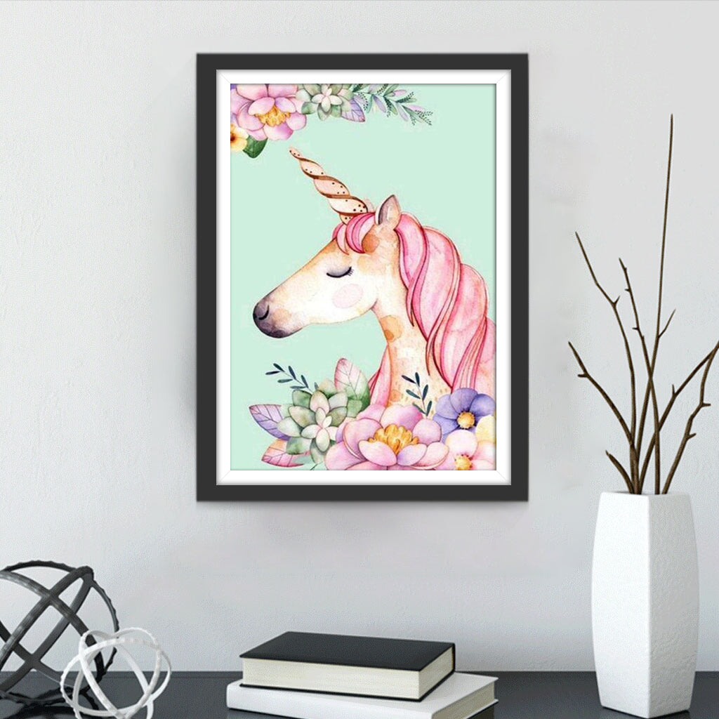 Bloemen en een Roze Eenhoorn Diamond Painting