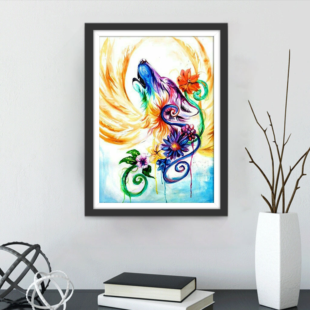 Bloemen en een Wolvenkop Diamond Painting