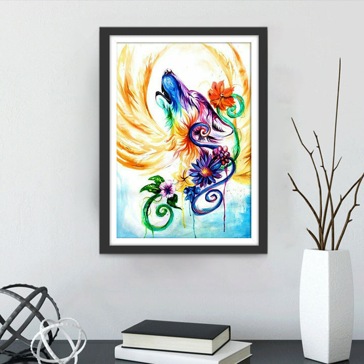 Bloemen en een Wolvenkop Diamond Painting