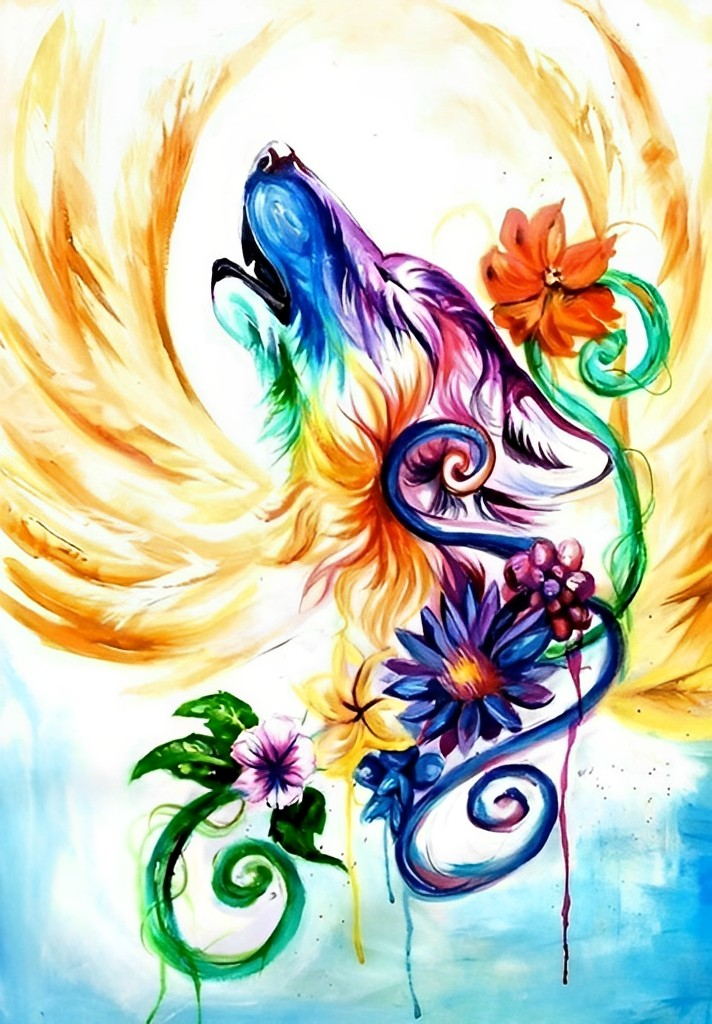 Bloemen en een Wolvenkop Diamond Painting