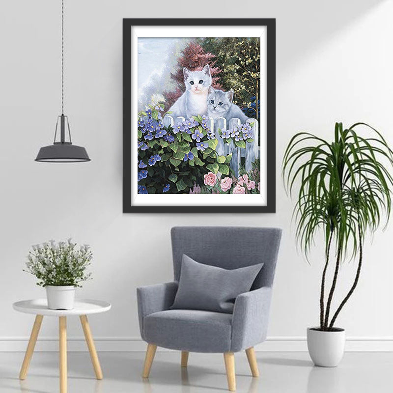 Bloemen en Katten bij de Heg Diamond Painting