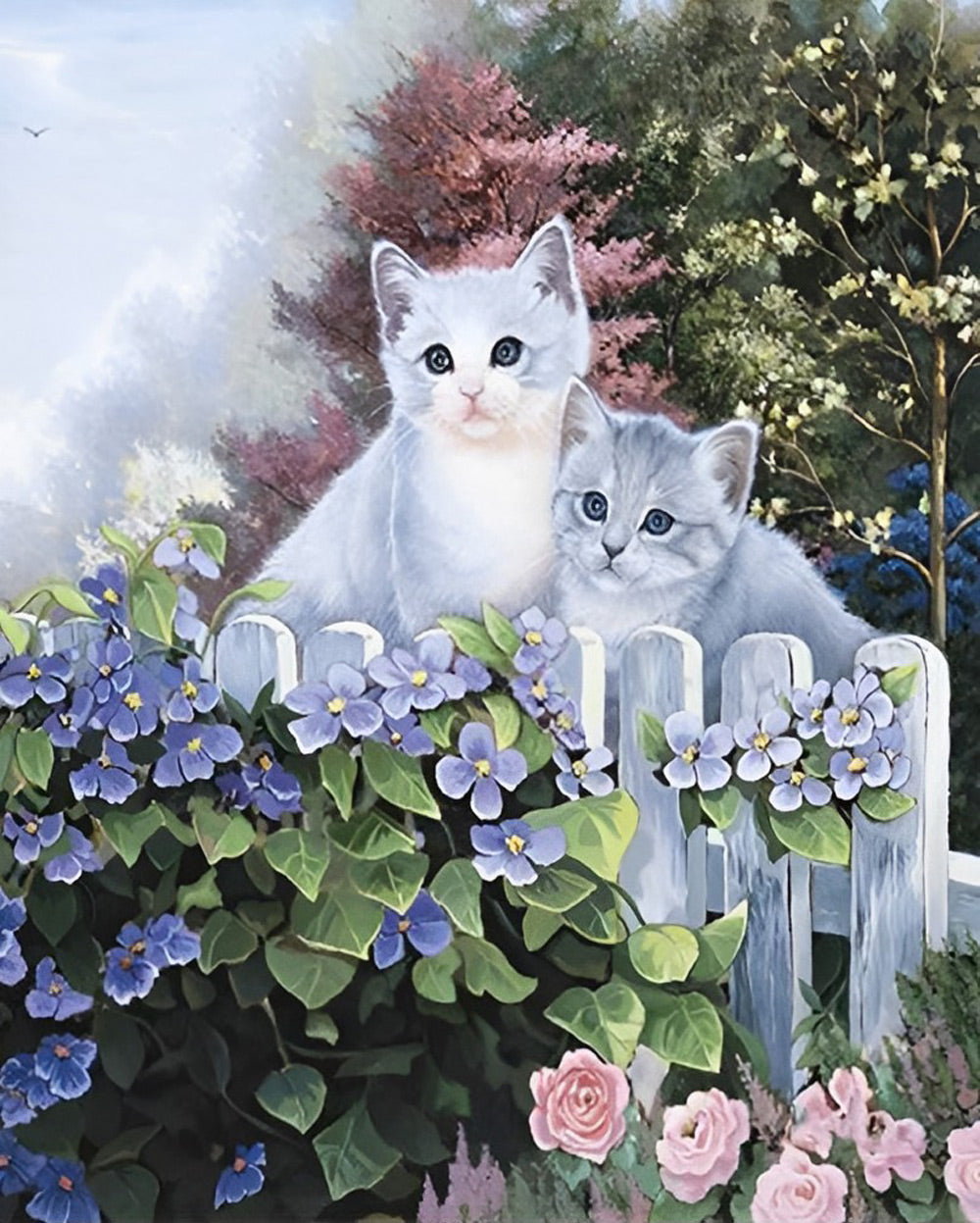 Bloemen en Katten bij de Heg Diamond Painting