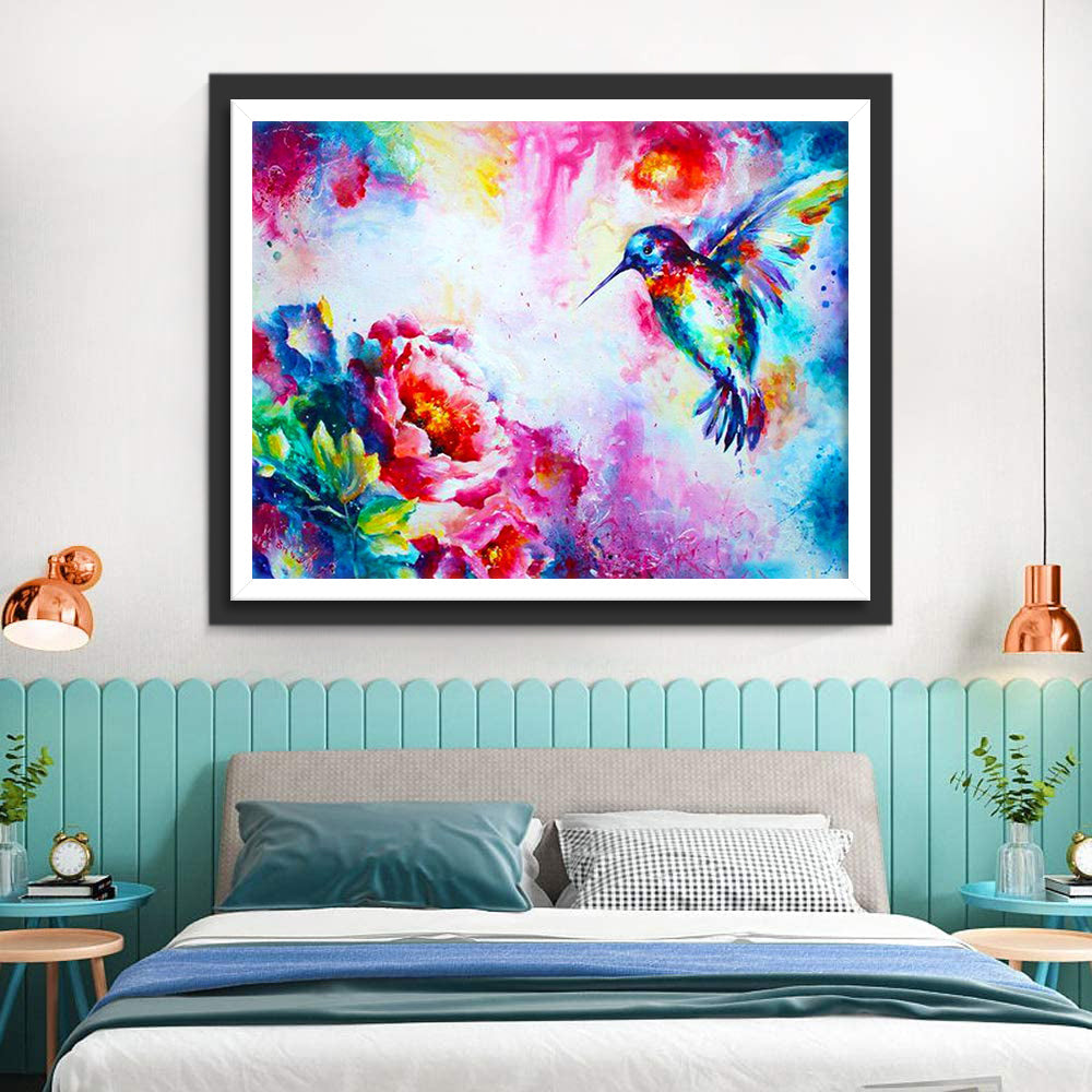Bloemen en Kolibries op een Kleurrijke Achtergrond Diamond Painting