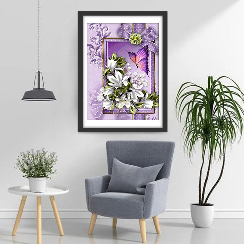 Bloemen en Vlinders in een Fotolijst Diamond Painting