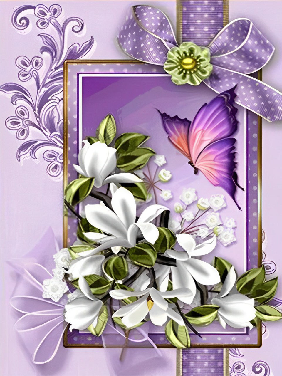 Bloemen en Vlinders in een Fotolijst Diamond Painting