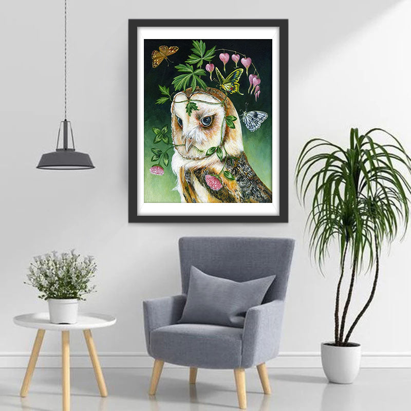 Bloemen en Vlinders op de Kop van de Uil Diamond Painting