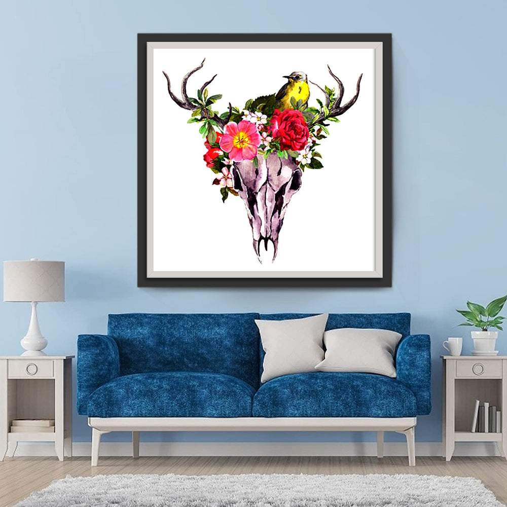 Bloemen en Vogel op een Hertenkop Diamond Painting