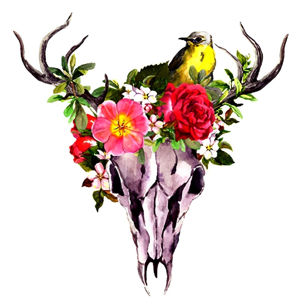 Bloemen en Vogel op een Hertenkop Diamond Painting