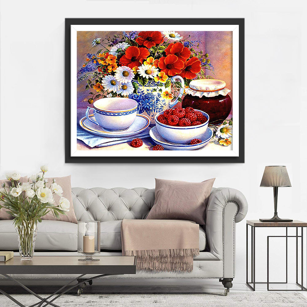 Bloemen, Fruit en Thee op Tafel Diamond Painting