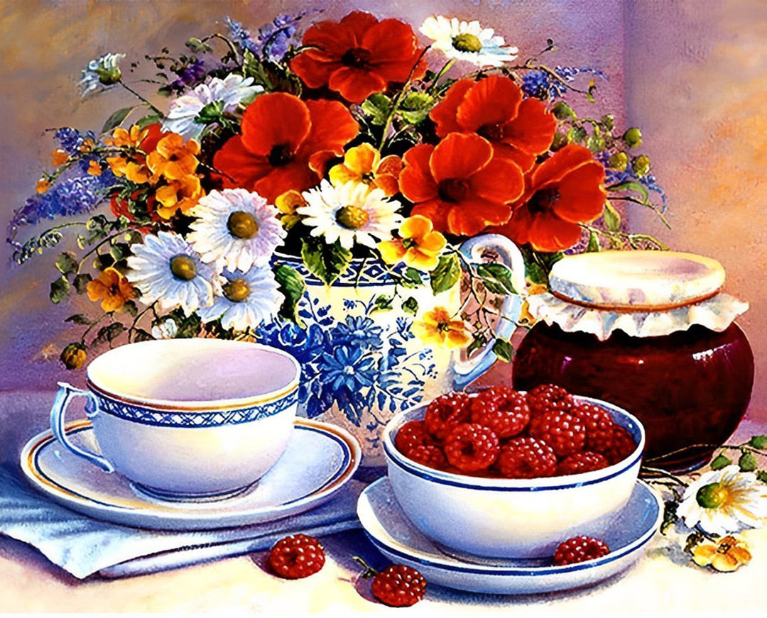 Bloemen, Fruit en Thee op Tafel Diamond Painting
