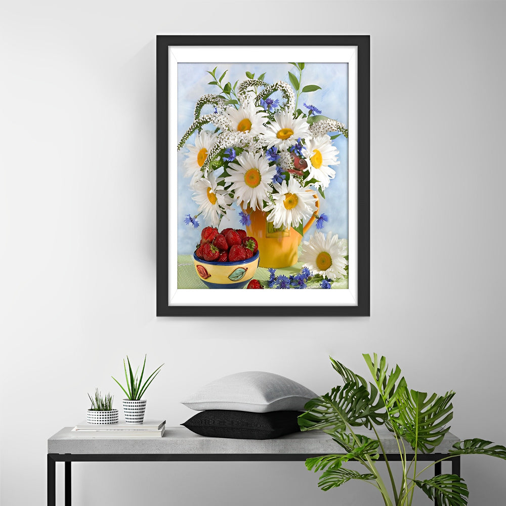 Bloemen in Vaas en Aardbeien als Versiering Diamond Painting