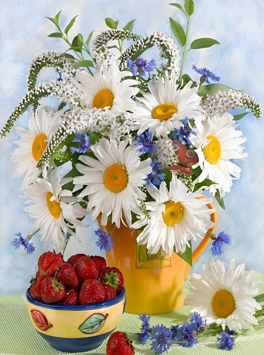 Bloemen in Vaas en Aardbeien als Versiering Diamond Painting