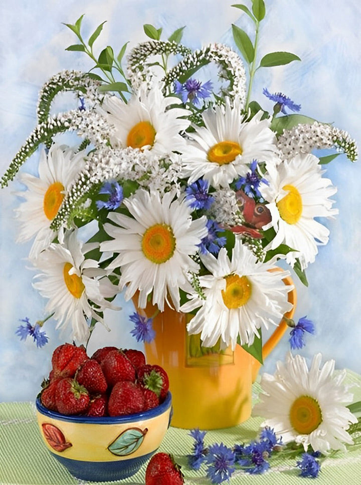 Bloemen in Vaas en Aardbeien als Versiering Diamond Painting