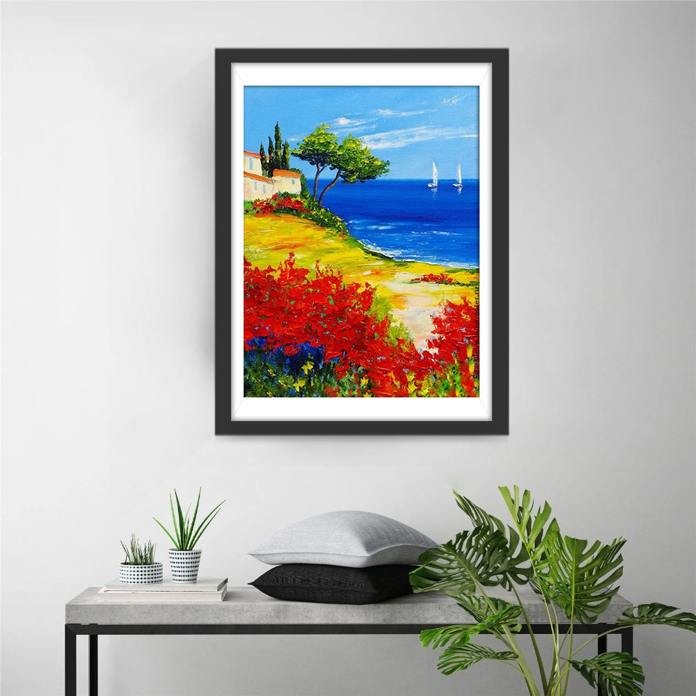 Bloemen, Kust en de Verre Zeilboten Diamond Painting