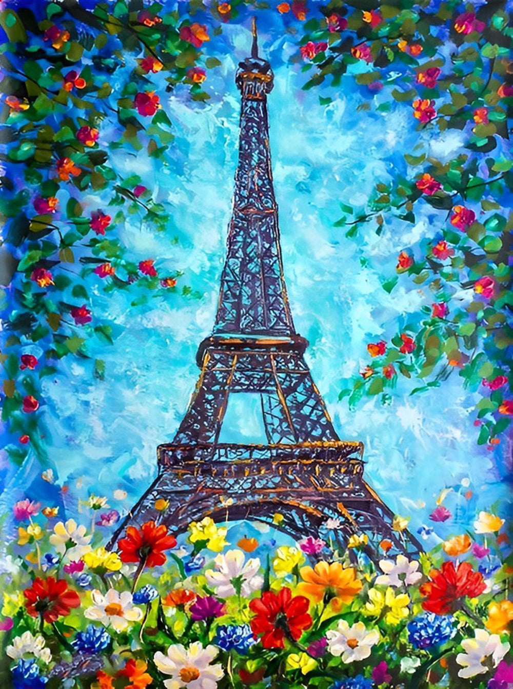 Bloemen om de Eiffeltoren Diamond Painting