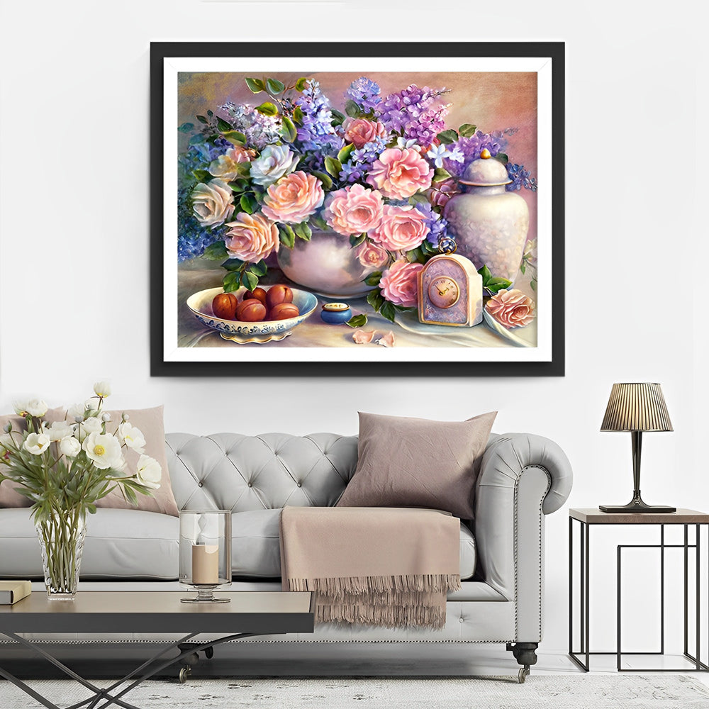 Bloemen, Oud Horloge en Vruchten Diamond Painting