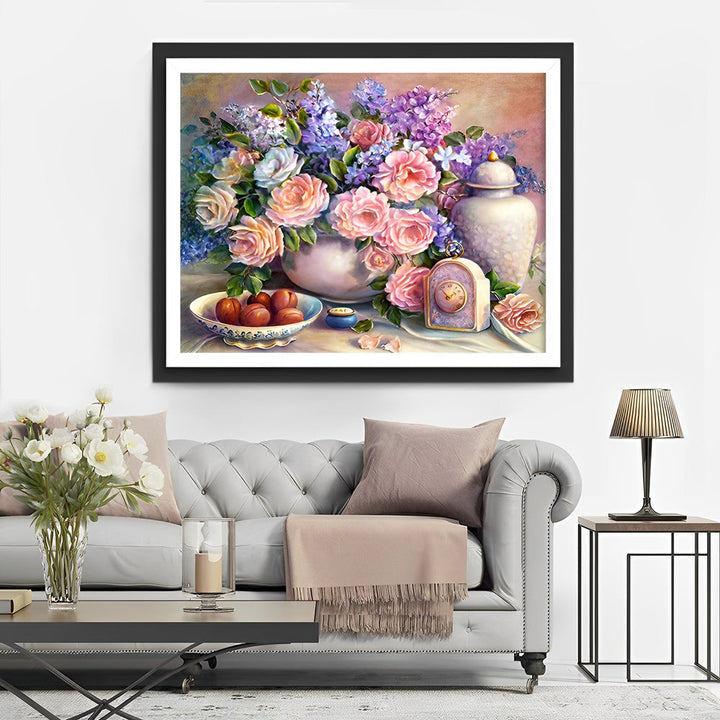 Bloemen, Oud Horloge en Vruchten Diamond Painting
